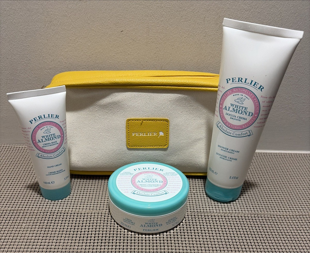 PERLIER White Almond 3-Piece Bath & Body Gift Set Cosmetic Bag NEW